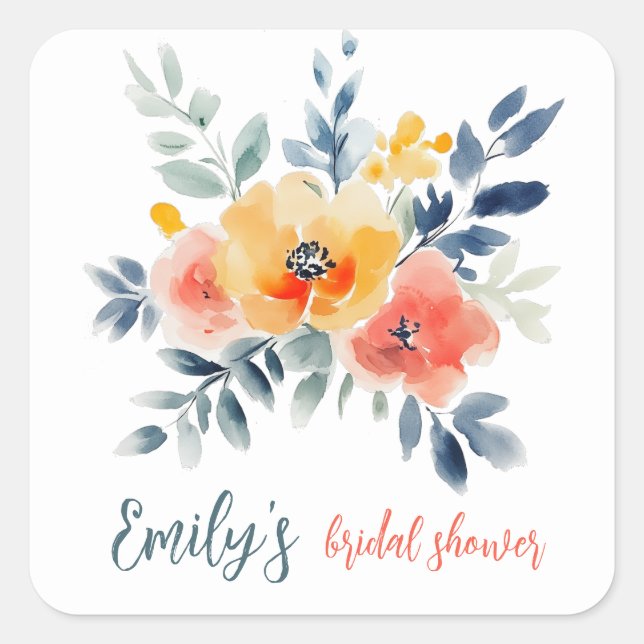 Brautparty für Aquarellblumen Quadratischer Aufkleber (Vorderseite)