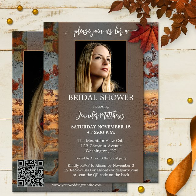 Brautparty für das industrielle Fall-Foto Einladung (Autumn bridal shower invitation featuring your photos framed by an industrial design + QR code)