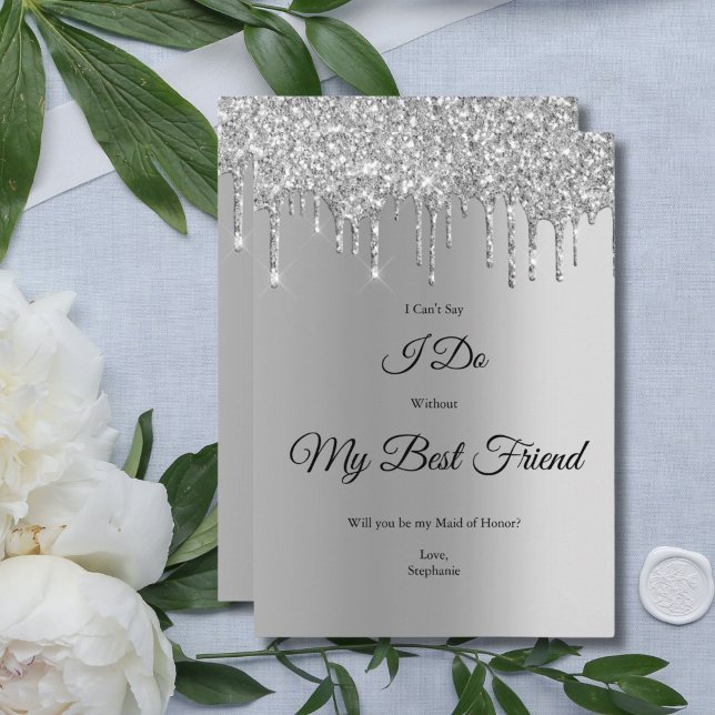 Brautparty für das Silver Driving Glitzer Einladung (Silver Dripping Glitter Bridesmaid Proposal Card Maid of Honor. Printed or Digital)