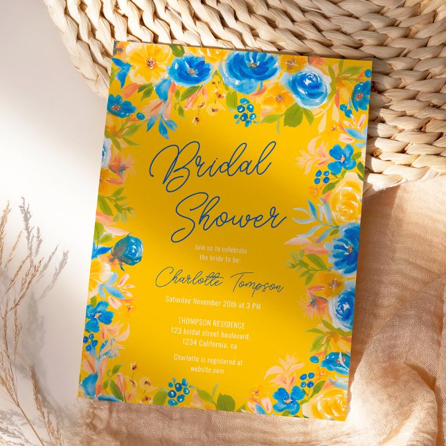 Brautparty für das Skript "Blume in Helland" Einladung (Bright country wild flowers script bridal shower invitation on yellow)