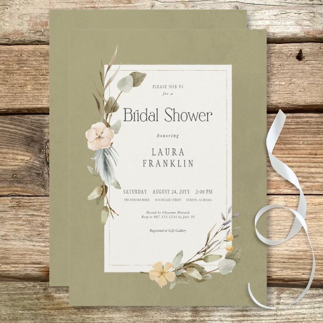 Brautparty für die Blumenbearbeitung mit gebohrtem Einladung (Dried Boho Floral Frame Sage Bridal Shower Invitation)