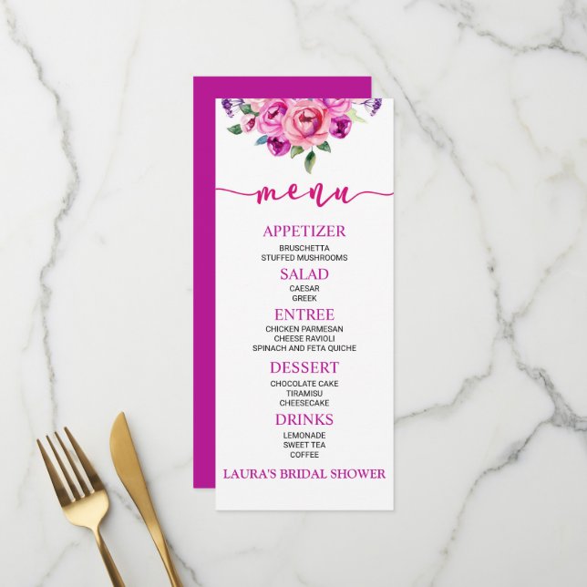 Brautparty für lila und rosa Blume Menükarte (Vorderseite/Rückseite Beispiel)