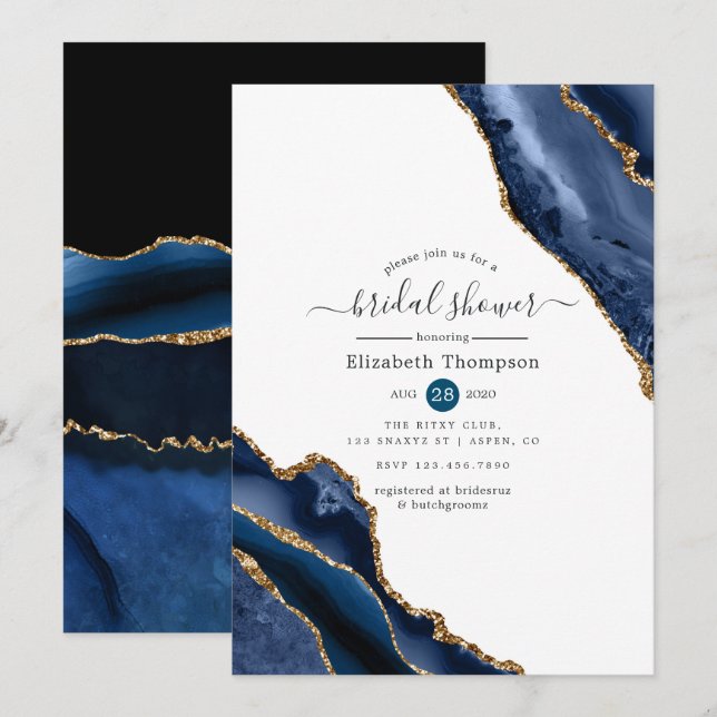 Brautparty für Marine und Gold Agate Einladung (Vorne/Hinten)