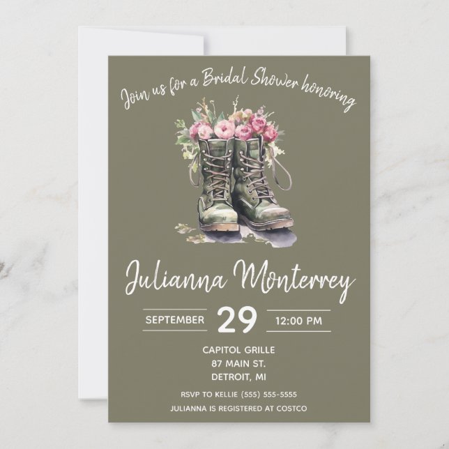 Brautparty für militärische Zwecke, Stiefel, Blume Einladung (Vorderseite)