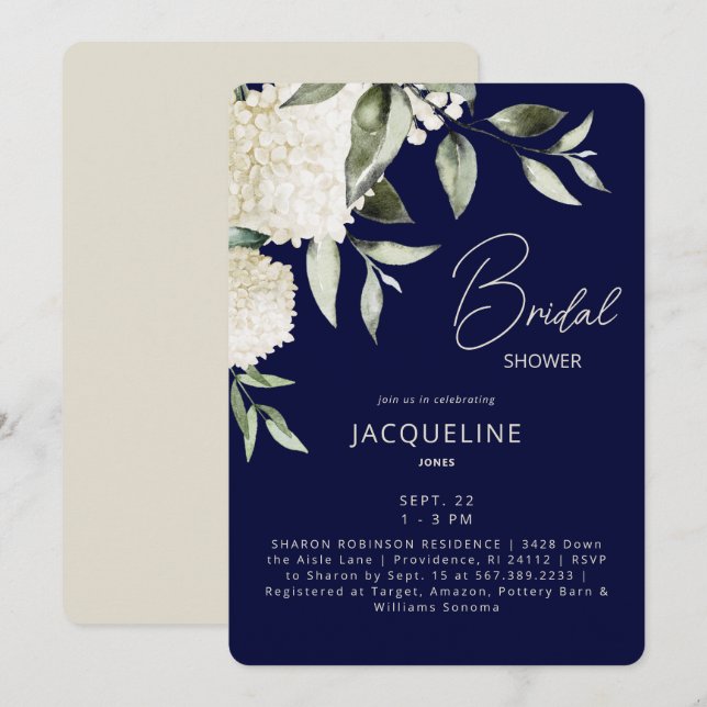 Brautparty für Navy und Cream White Hydrangeas Einladung (Vorne/Hinten)