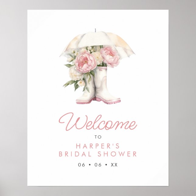 Brautparty für Regenstiefel und rosa Peonies Willk Poster (Vorne)