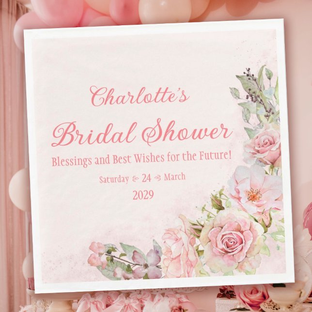 Brautparty für Rose in Rosa Serviette (Pink Watercolor Roses Bridal Shower Napkins with Blessings, Best Wishes, and the Date)