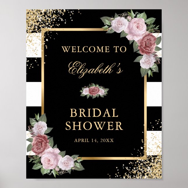 Brautparty für Schwarz-weißes Gold Blütenschwarz Poster (Vorne)