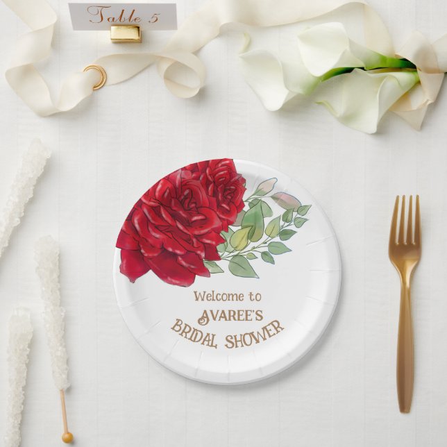 Brautparty für tiefe rote Wasserfarben Pappteller (Hochzeit)