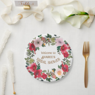 Brautparty für tiefrote und rosa Wasserfarben-Rose Pappteller