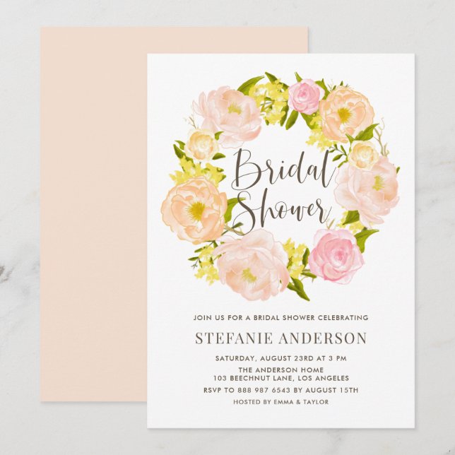Brautparty für Wasserfarben Peach Peony Wreath Einladung (Vorne/Hinten)