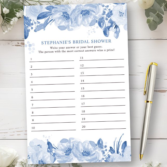 Brautparty Game Blue Floral Anssheet (Bridal Shower Game from my Dusty Blue Watercolor Floral Bridal Shower)