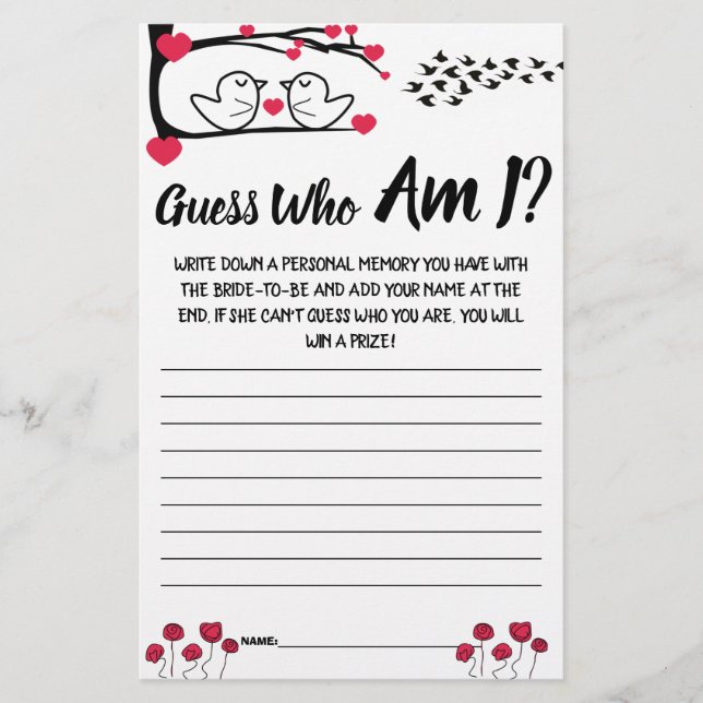 Brautparty Game Card Guess Wer bin ich? Flyer (Vorne)