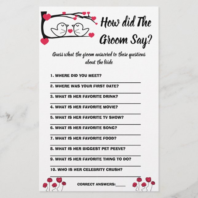 Brautparty Game Card Was hat der Groom gesagt? Flyer (Vorne)