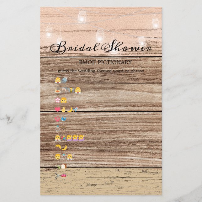 Brautparty Game Emoji Pictionary Rustikales Holz (Vorderseite)