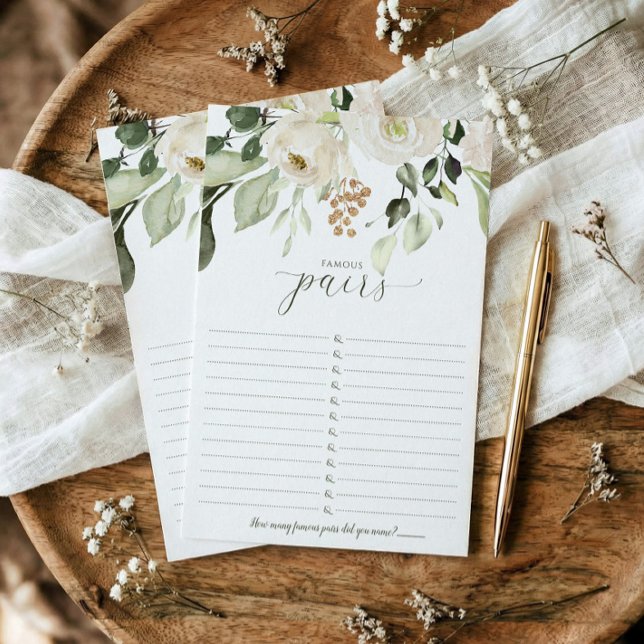 Brautparty Game Famous Paares - Famous Pairs I (Famous couples printed bridal shower game - elegant white watercolor floral sage greenery)