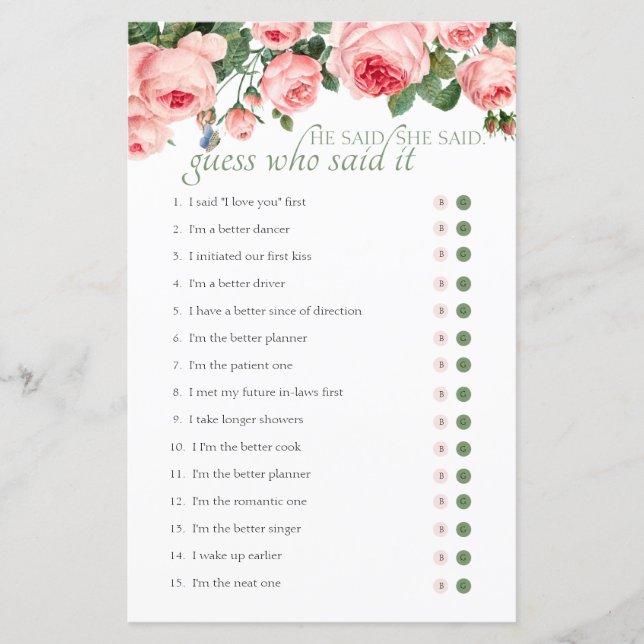 Brautparty Game Guess, der sagte, blushing Rose (Vorderseite)