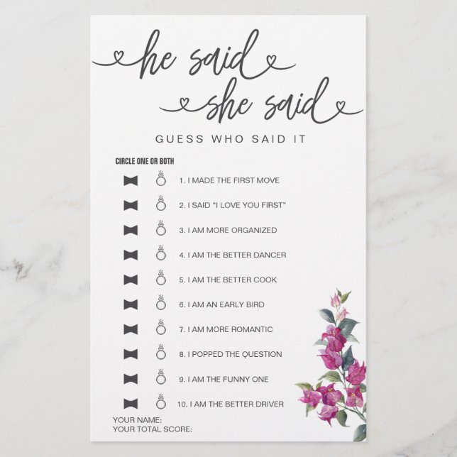 Brautparty Game sagte er sagte, sie sagte raten (Vorderseite)