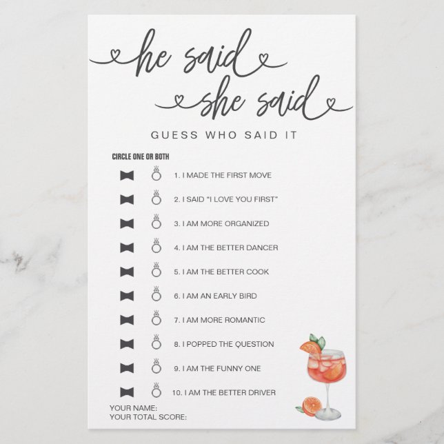 Brautparty Game sagte er sagte, sie sagte raten (Vorderseite)