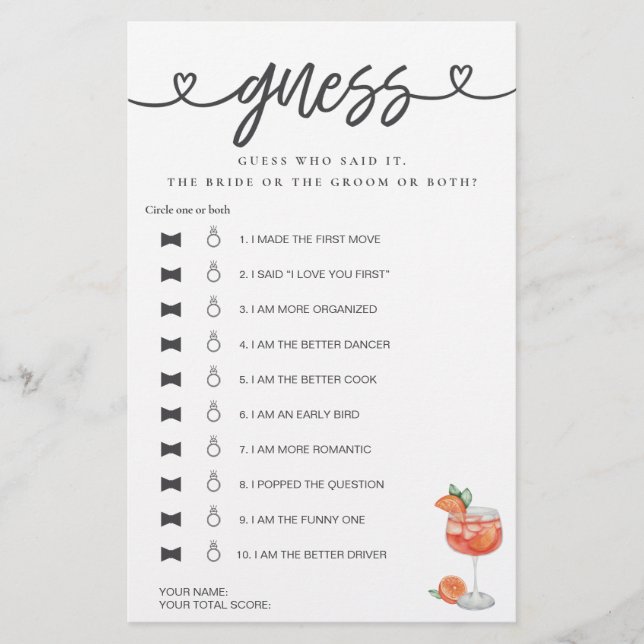 Brautparty Game, sagte er, sie sagte Guess Aperol (Vorderseite)