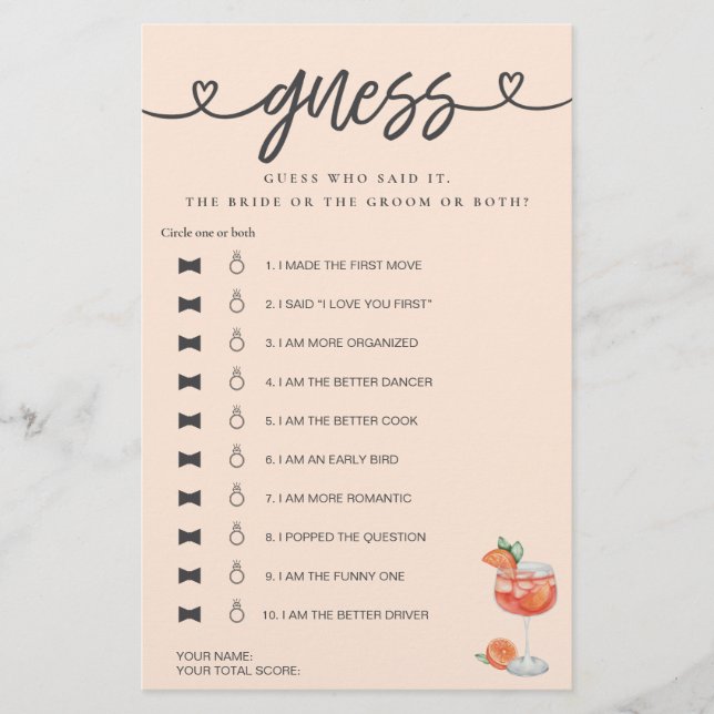 Brautparty Game, sagte er, sie sagte Guess Aperol (Vorderseite)