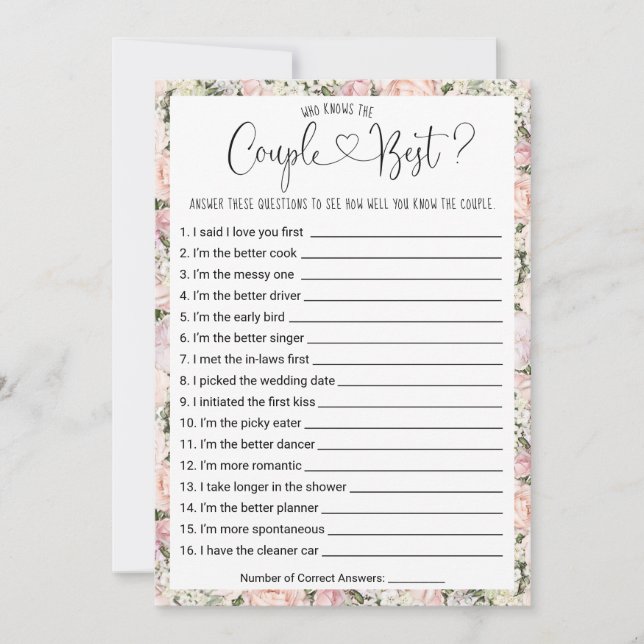 Brautparty Game Wer kennt das Paar Beste? Einladung (Vorderseite)