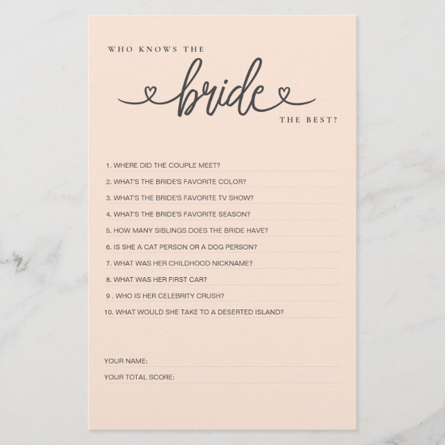 Brautparty Game Wer kennt die Braut die Besten? (Vorderseite)