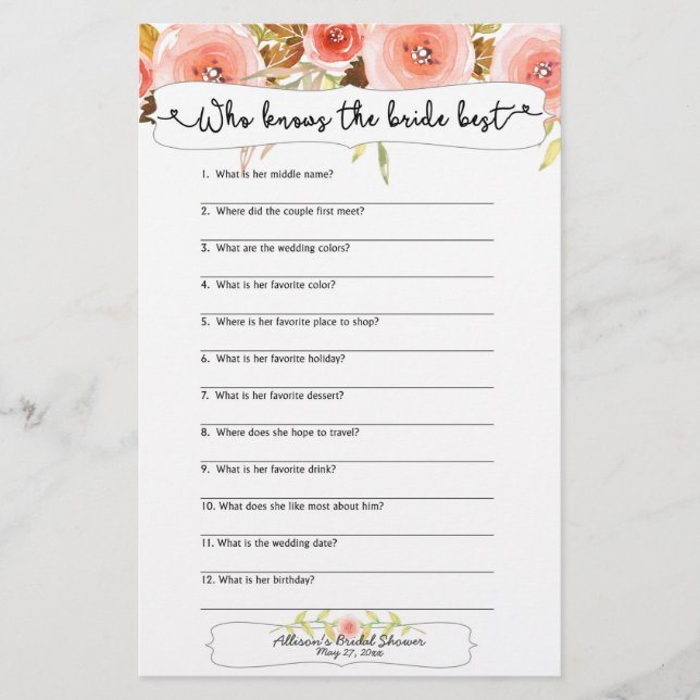 Brautparty Games, die die Braut am besten kennen (Vorderseite)