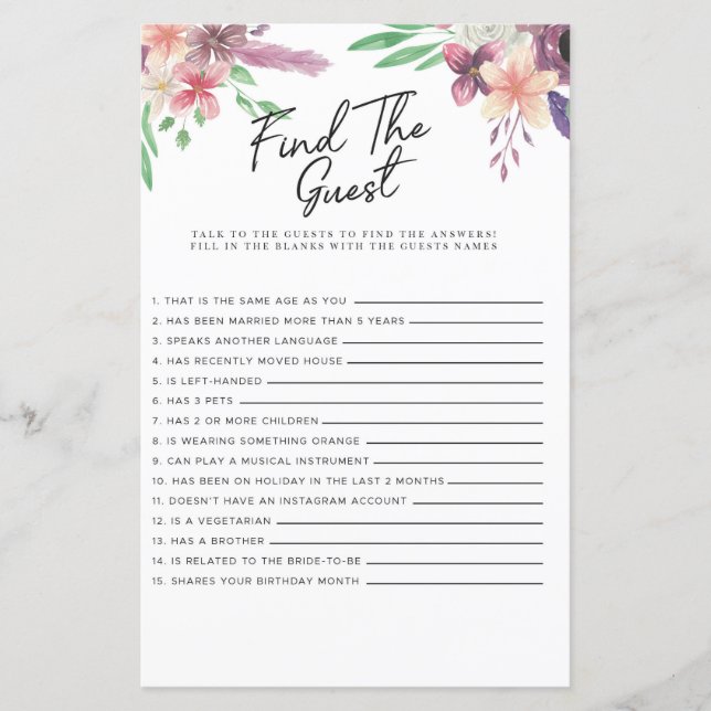 Brautparty Games finden Game Floral (Vorderseite)