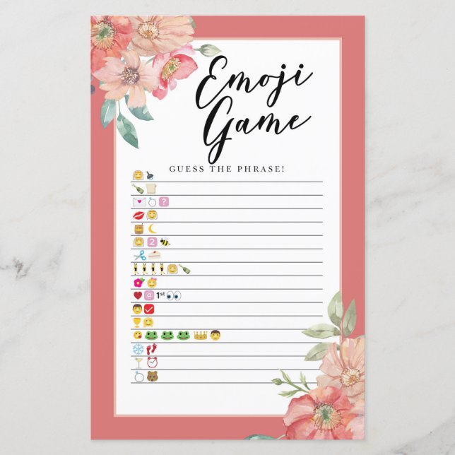 Brautparty Games Guess of Emoji Game Floral (Vorderseite)