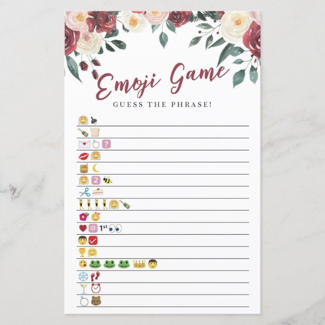 Brautparty Games Guess of Emoji Game Floral (Vorderseite)