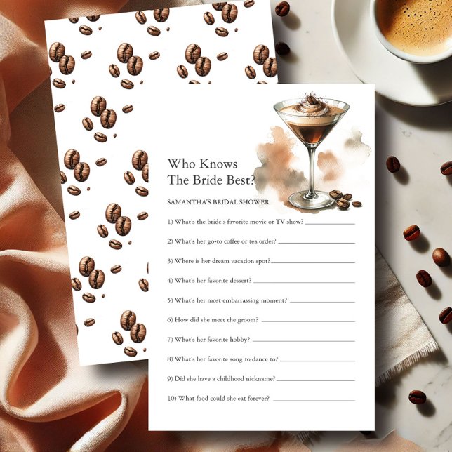 Brautparty Games Kennen Sie den Bridakaffee? Flyer (Bridal shower games espresso martini illustrated art exclusive to Do Tell A Belle)