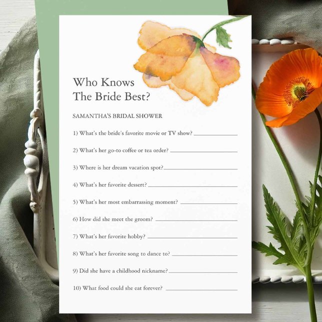 Brautparty Games Kennen Sie die Brautblume Flyer (bridal shower questions game designed with hand painted watercolor orange poppy flowers)