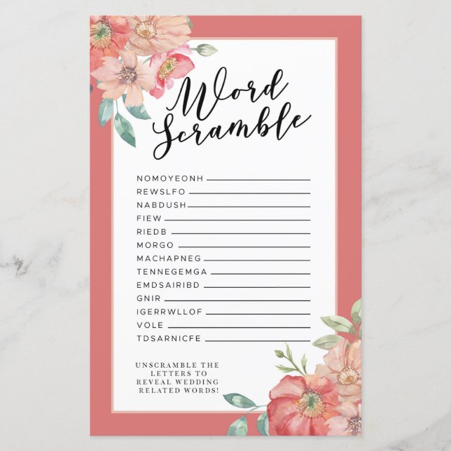 Brautparty Games Word Scramble Game Pink Blume (Vorderseite)