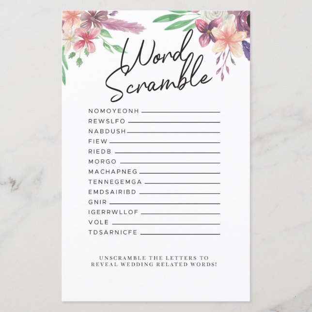 Brautparty Games Word Scramble Game Pink Floral (Vorderseite)