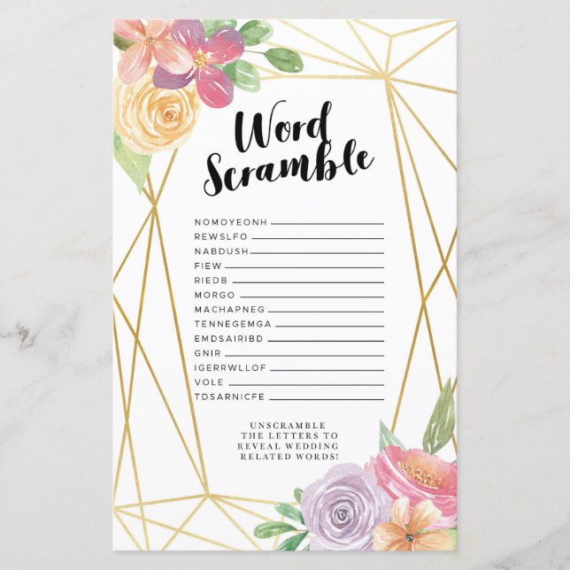 Brautparty Games Word Scramble Game Pink Floral (Vorderseite)
