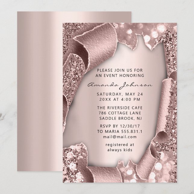 Brautparty Geburtstag 16. Rose 3D-Glitzer Rosa Einladung (Vorne/Hinten)