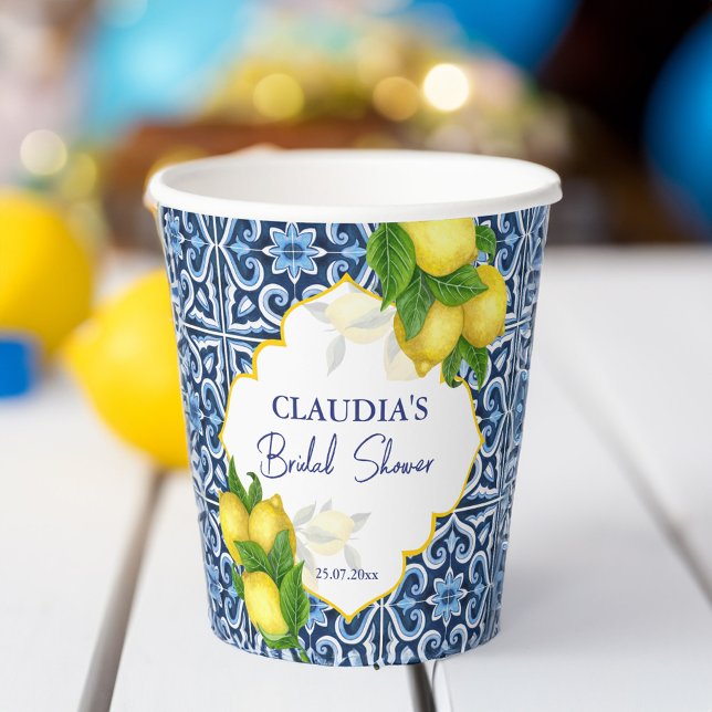Brautparty Gefallen Geschenke blauen Fliesen Zitro Pappbecher (Bridal shower favor gifts blue tiles lemon Amalfi Paper Cups personalized tableware custom party cup)