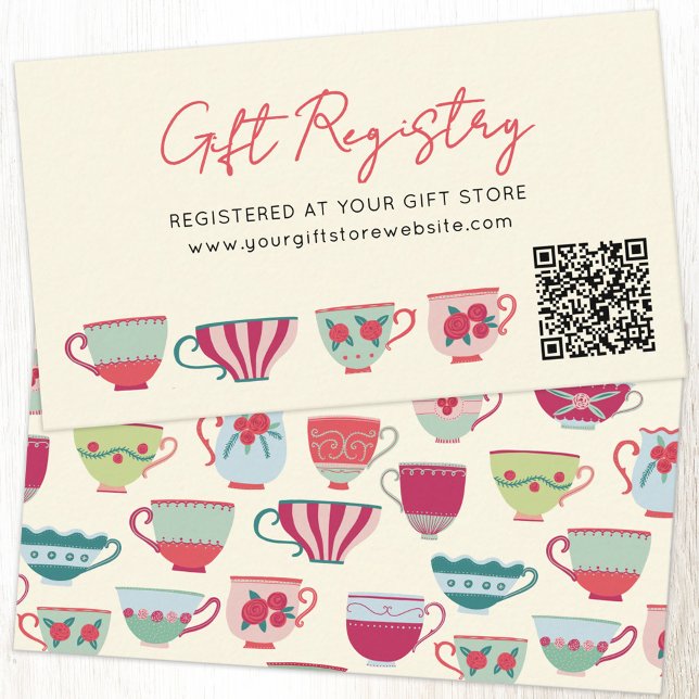 Brautparty-Geschenkregistrierungs-QR-Code im Vinta Begleitkarte (Teacup tea party themed gift registry enclosure card with QR code)