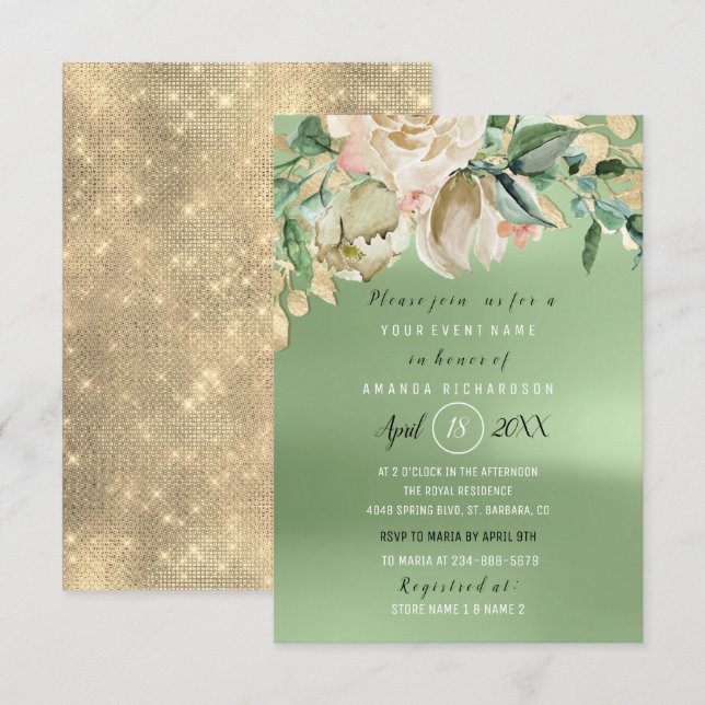 Brautparty Gold Blume Brunch Minze Green Einladung (Vorne/Hinten)
