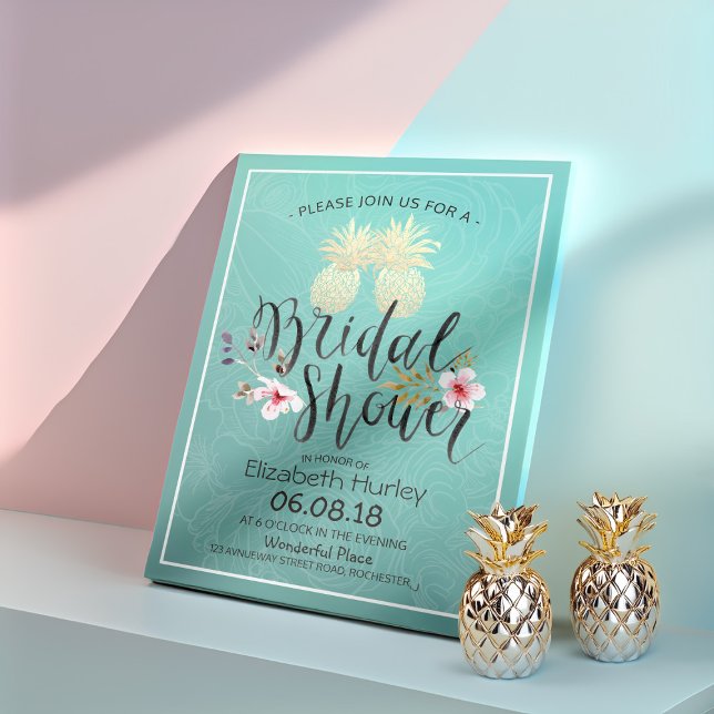 Brautparty Gold Foil Ananas Couple Aquamarine Rose Einladung (Von Creator hochgeladen)
