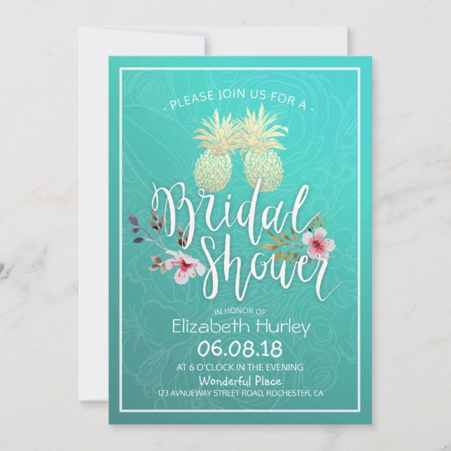 Brautparty Gold Foil Ananas Couple Aquamarine Rose Einladung (Vorderseite)