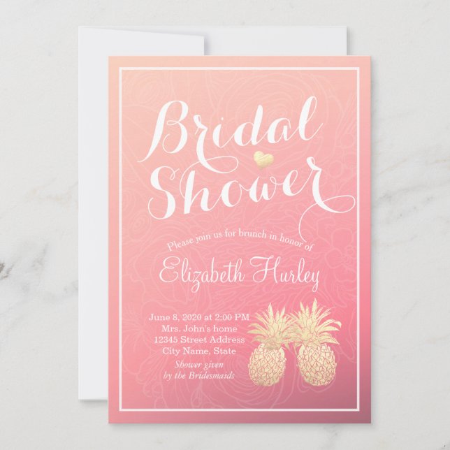 Brautparty Gold Foil Ananas Paare Rosa Rose Einladung (Vorderseite)