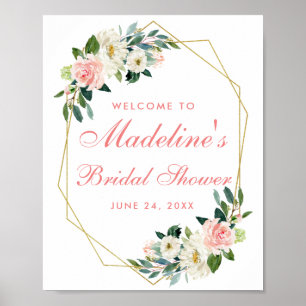 Brautparty Gold Frame Rosa Blütengrün Willkommen Poster