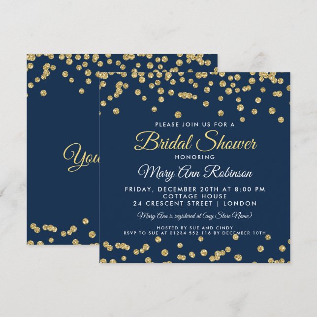 Brautparty Gold Imitats Glitzer Confetti Navy Blau Einladung (Vorne/Hinten)