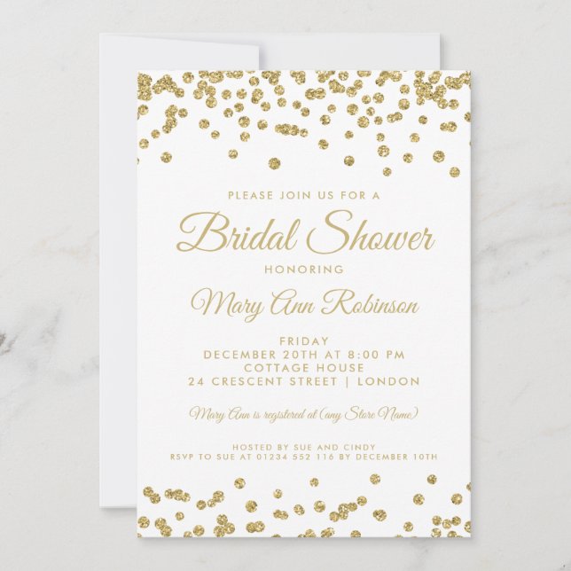 Brautparty Gold Imitats Glitzer Confetti White Einladung (Vorderseite)