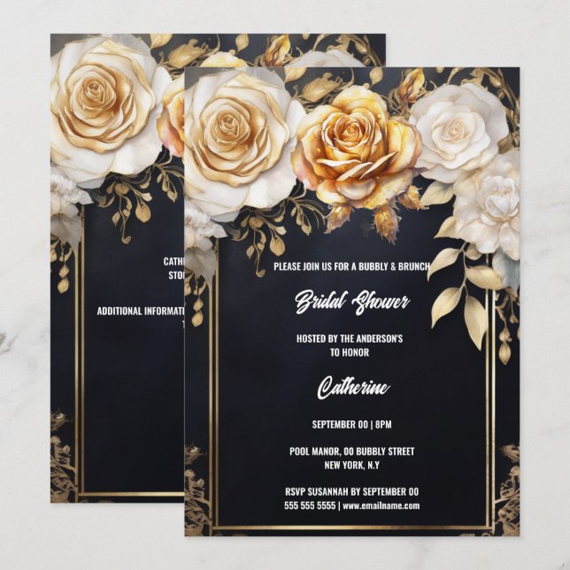 Brautparty Gold Schwarze Rose Blume Blumenchic Einladung (Vorne/Hinten)