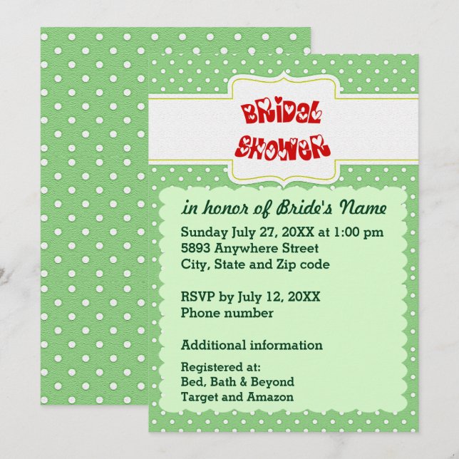 Brautparty "Green & White Polka Dots Herztext" Einladung (Vorne/Hinten)