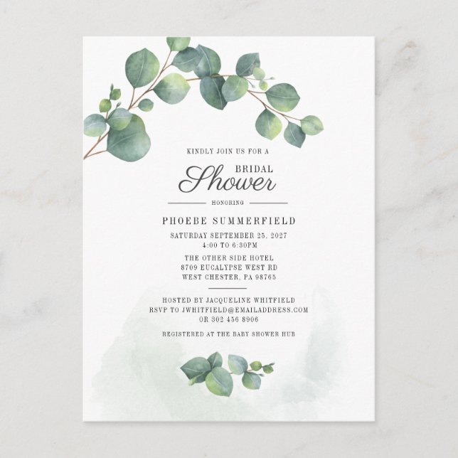 Brautparty Greenery Eucalyptus Watercolor Einladungspostkarte (Vorderseite)