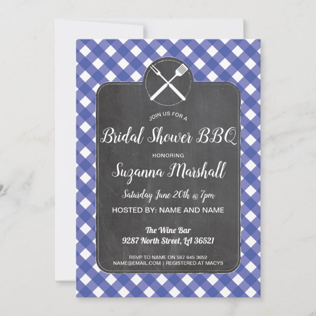 Brautparty GRILLEN Invite Blue Gingham Chalk Einladung (Vorderseite)